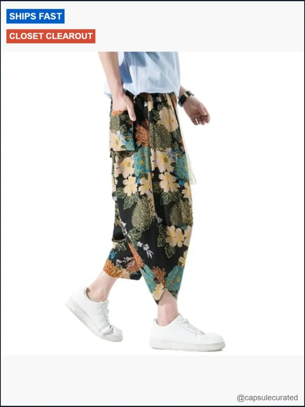 Men's Casual Wide Leg Baggy Harem Capri Pants Linen Summer Beach